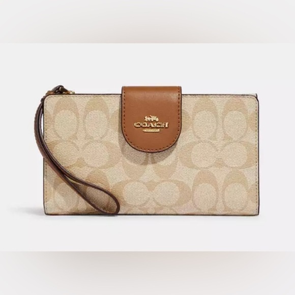 NEW-Coach Phone Tech Wallet Colorblock Signature Canvas. Gold/Lt Khaki/Lt Saddle - Picture 1 of 7